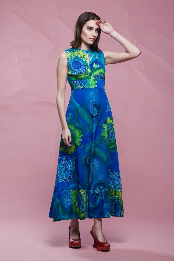 Hawaiian maxi dress blue cotton print sleeveless … - image 1