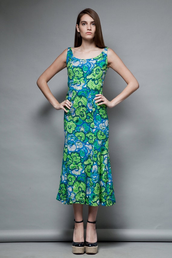 maxi dress vintage 50s green fishtail floral prin… - image 2
