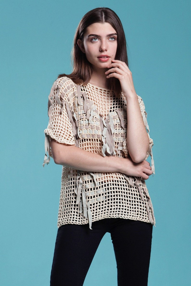 crochet top knit sweater blouse suede leather beige gray open basket weave Bonnie Boerer vintage 80s ONE SIZE S M L