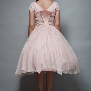 vintage 1950s new look cupcake organza party dress pink bow lace cap sleeves prom full skirt MEDIUM M image 3