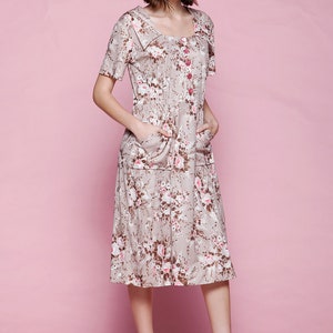 pocket shirtwaist dress brown pink rose print floral slinky short sleeve vintage 70s EXTRA LARGE XL image 3