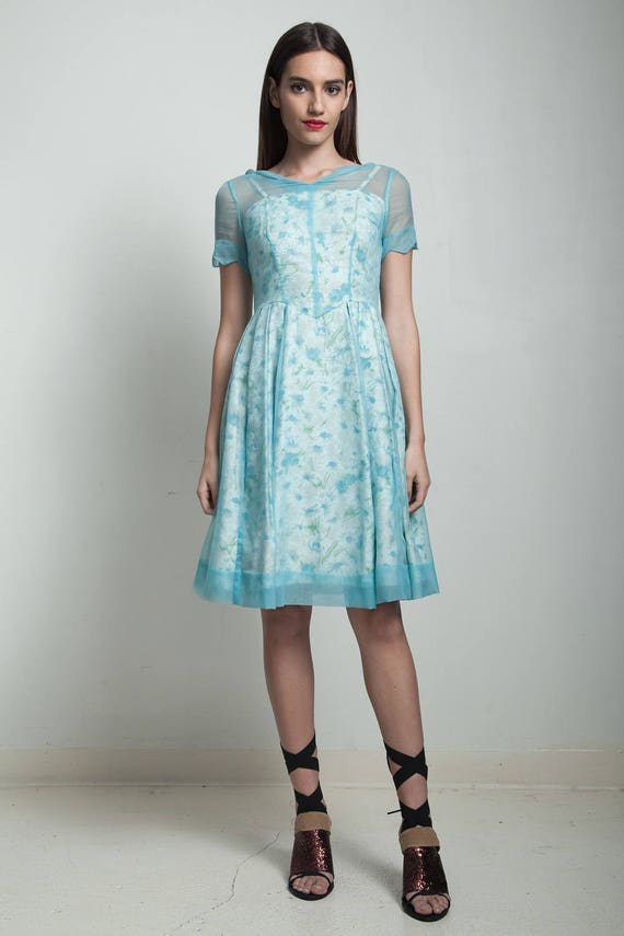 blue dress with sheer overlay Mini Prom Dress with Sheer Sequin-Print Overlay Light Blue / 0