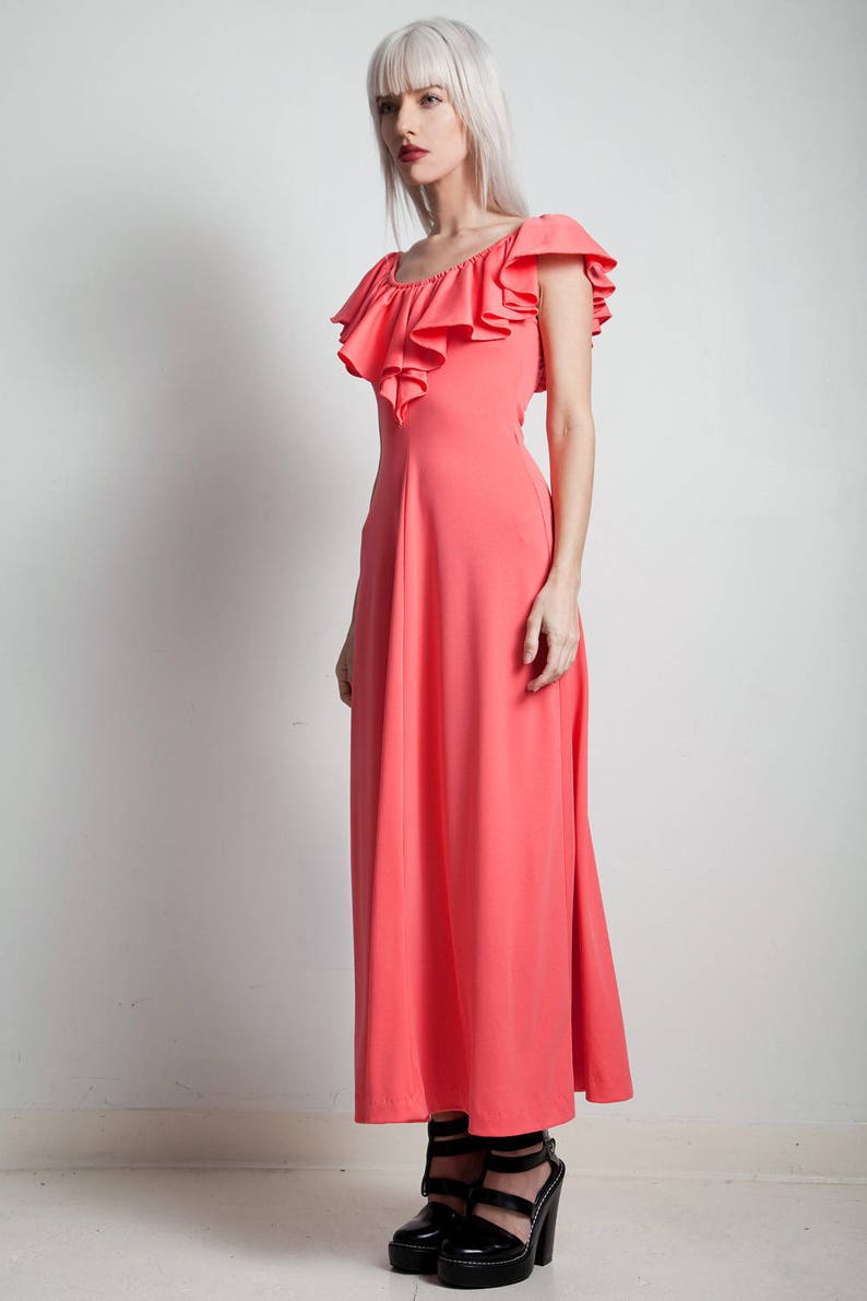 vintage 70s maxi dress a-line ruffle pink flamenco inspired ankle length SMALL MEDIUM S M image 3