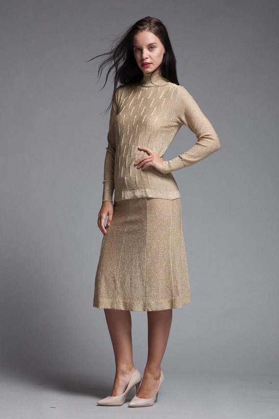 gold 3 piece skirt suit set lurex metallic knit t… - image 6
