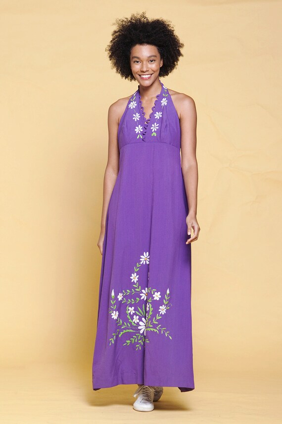 halter maxi dress purple cotton floral hand embro… - image 3