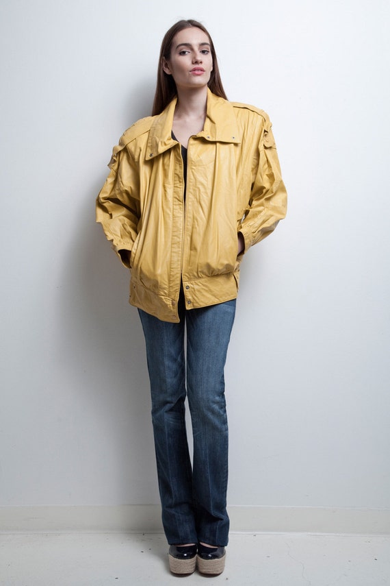 mustard yellow leather jacket vintage 80s oversized ONE SIZE Etsy