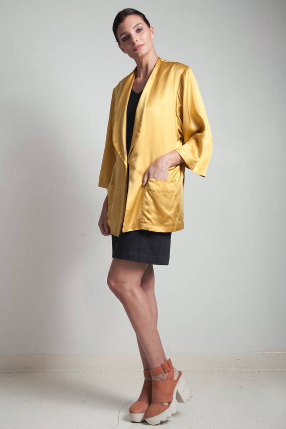 mustard gold flowy jacket top blouse silk yellow … - image 2