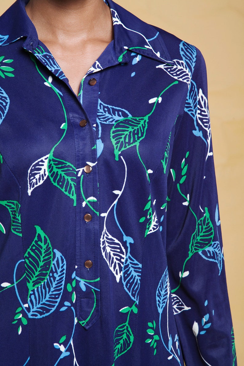 shirt dress leaf print long sleeves navy blue green vintage 70s MEDIUM LARGE M L image 8