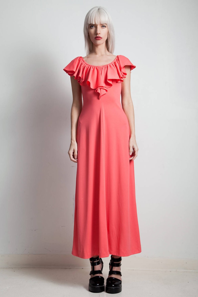 vintage 70s maxi dress a-line ruffle pink flamenco inspired ankle length SMALL MEDIUM S M image 2