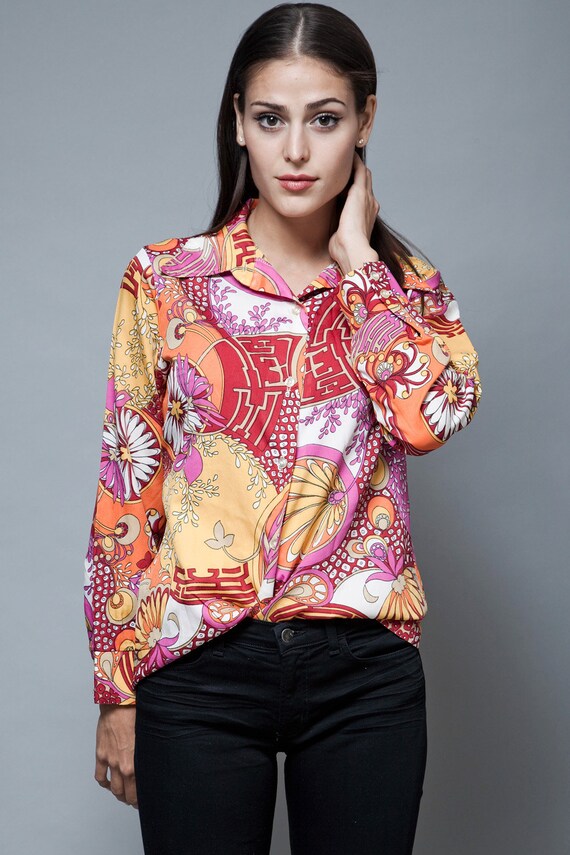 psychedelic printed top red blouse shirt bright A… - image 2