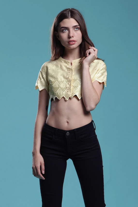 crop top bolero yellow embroidery zigzag hem rhine