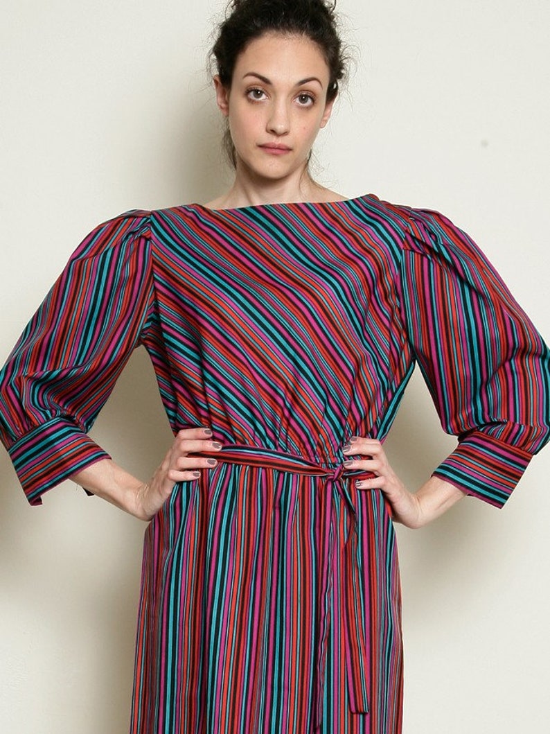Secretary Dress 1970s 70s Vintage Striped diagonal stripe stripes Sash Belt 3/4 sleeves below the knee midi M MEDIUM image 1