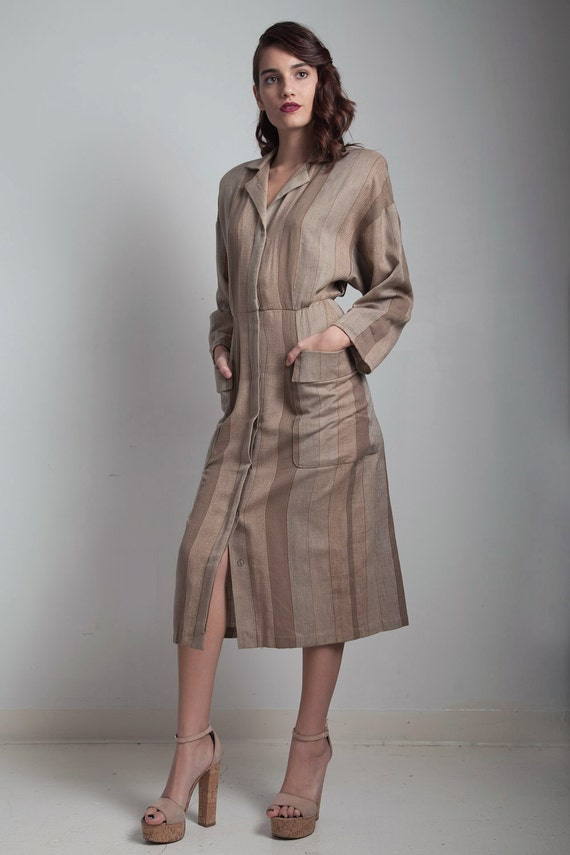 80s vintage coat dress deep pocket button down br… - image 3
