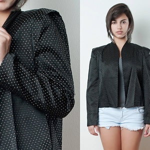 Vintage 80s Jacket Architectural Sculpural Structured Black Blazer Quilted Metallic Polka Dot Holiday Party L LARGE image 1