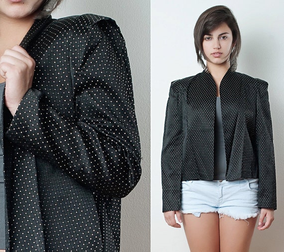 Vintage 80s Jacket Architectural Sculpural Structured Black Blazer Quilted Metallic Polka Dot Holiday Party L LARGE