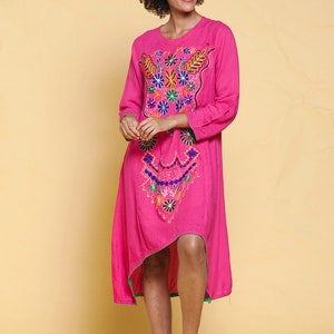 boho cotton festival dress hi-lo bright pink ethnic embroidery floral long sleeves vintage 70s MEDIUM M image 4