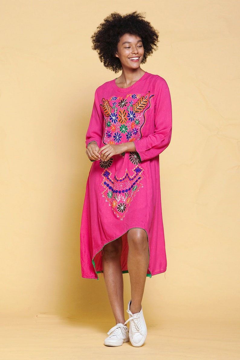 boho cotton festival dress hi-lo bright pink ethnic embroidery floral long sleeves vintage 70s MEDIUM M image 4