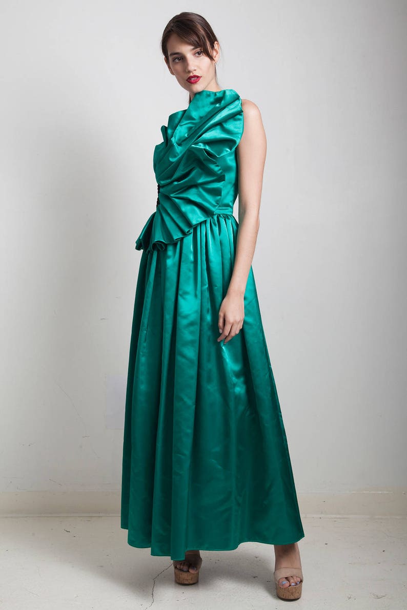 vintage 80s evening gown formal evening dress asymmetrical origami pleated sequins green floor length one shoulder SMALL S