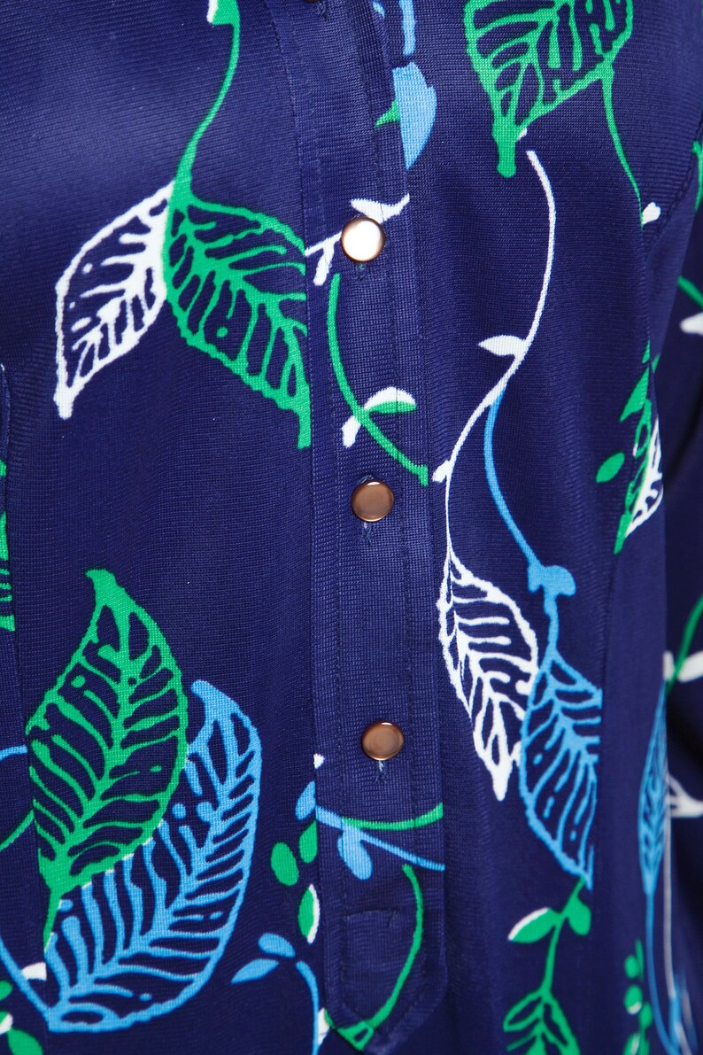 shirt dress leaf print long sleeves navy blue green vintage 70s MEDIUM LARGE M L image 9