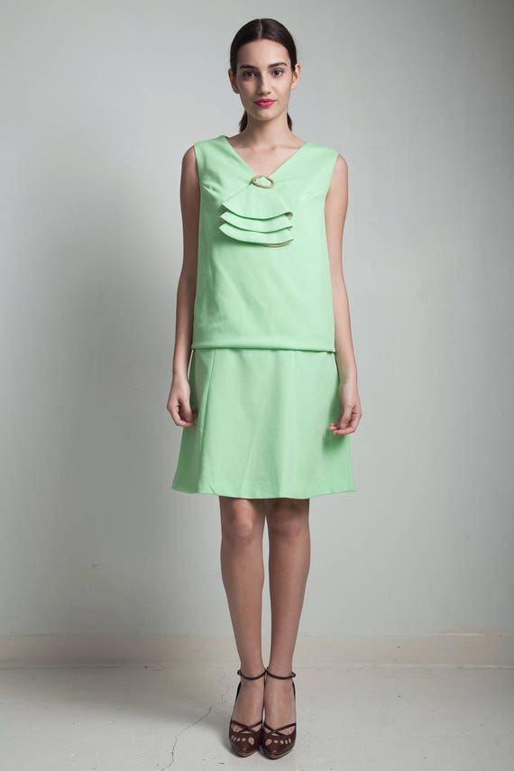 mod ascot dress light green vintage 60s sleeveles… - image 2