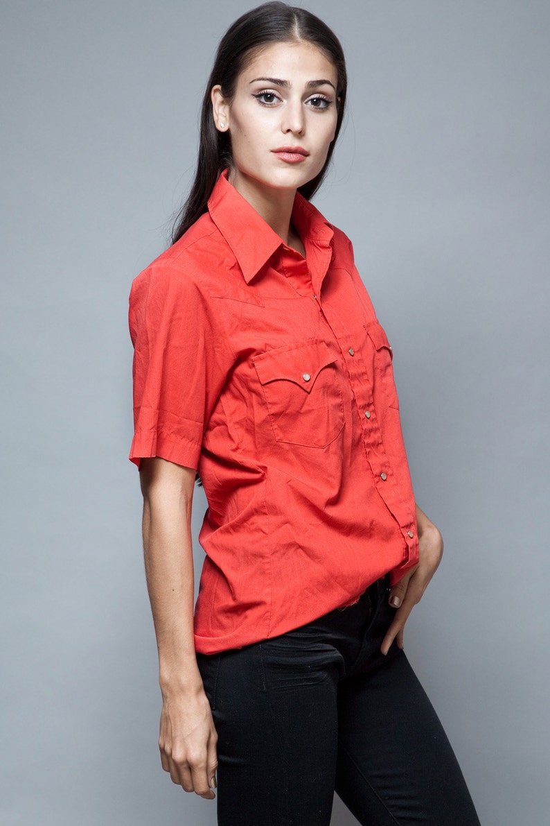 western short sleeves red cowboy shirt cotton pearl snaps vintage 70s M medium image 3