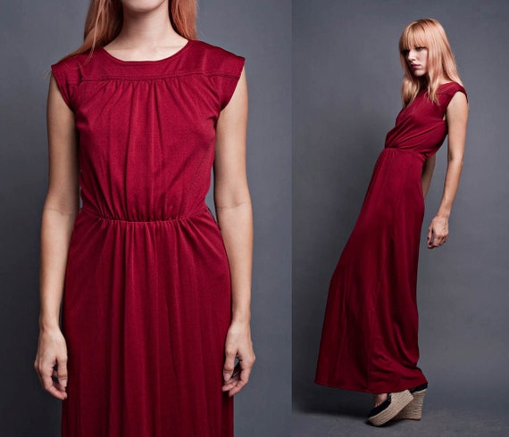 Vintage 70s Maxi Dress Hippie Hostess Burgundy Red Gathered Bodice Sleeveless ankle length M MEDIUM