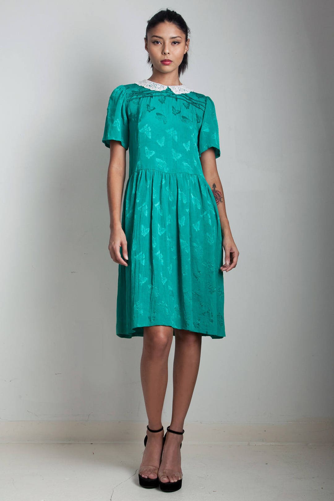 Vintage 80s Green Baby Doll Dress Crochet Peter Pan Collar Etsy