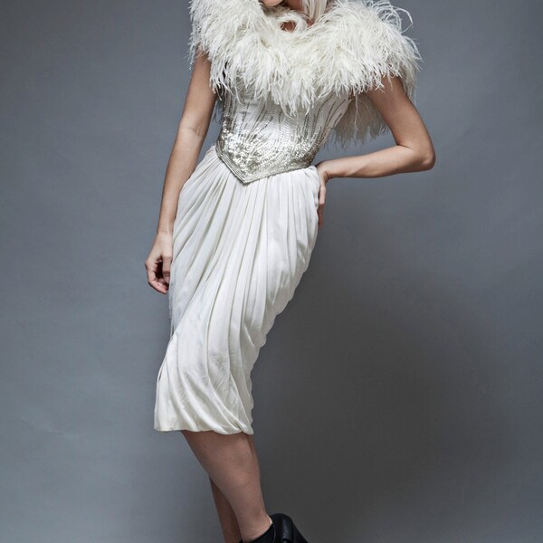 vintage 80s feather dress white ruched beaded Ruben Panis glam XXS XS