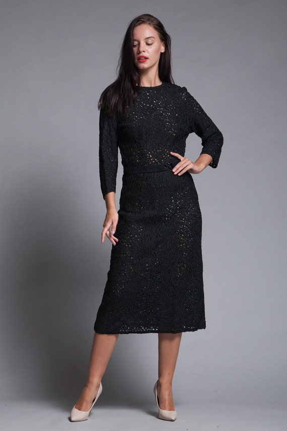 Soutache Ribbon Dress Black Midi See Through Belted 3/4 Sleeves Vintage 40s 1940s Small S