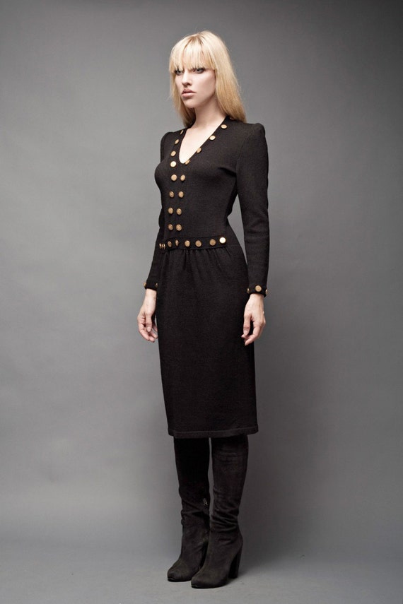 black and gold sweater dress Hope & Henry Girls' Organic Long Sleeve Ruffle Collar Sweater Dress, Black with Gold, 4 main image 0