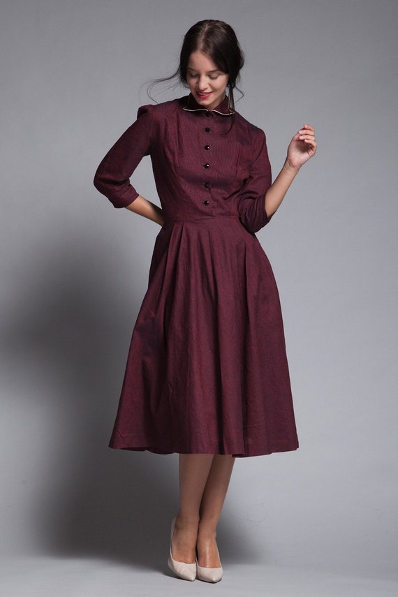 shirtwaist dress midi burgundy red pleated skirt … - image 4