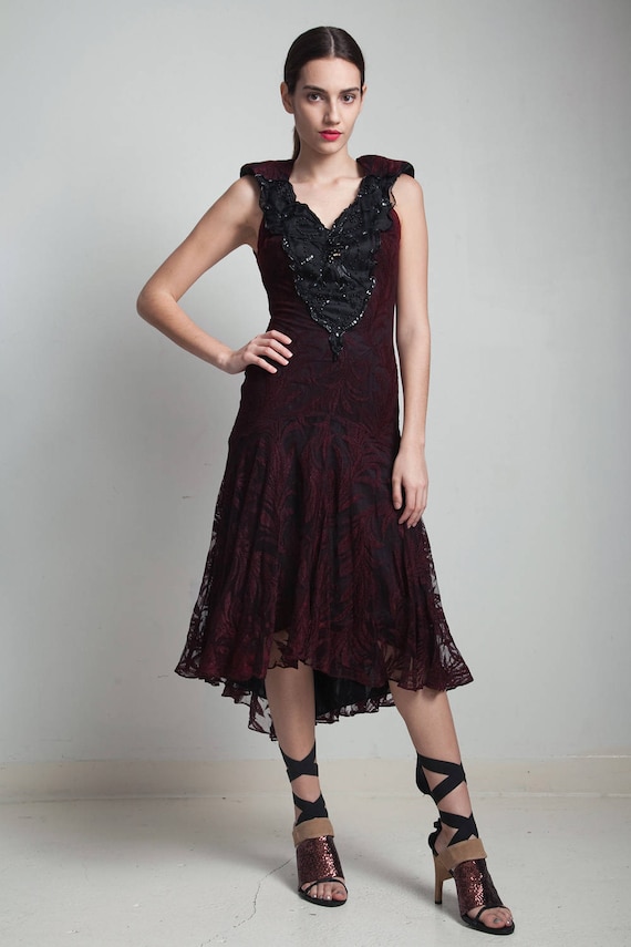 Vintage 80s Cocktail Party Dress Lace Cutout Open Back Burgundy Red On Black Beaded Sequins Small S