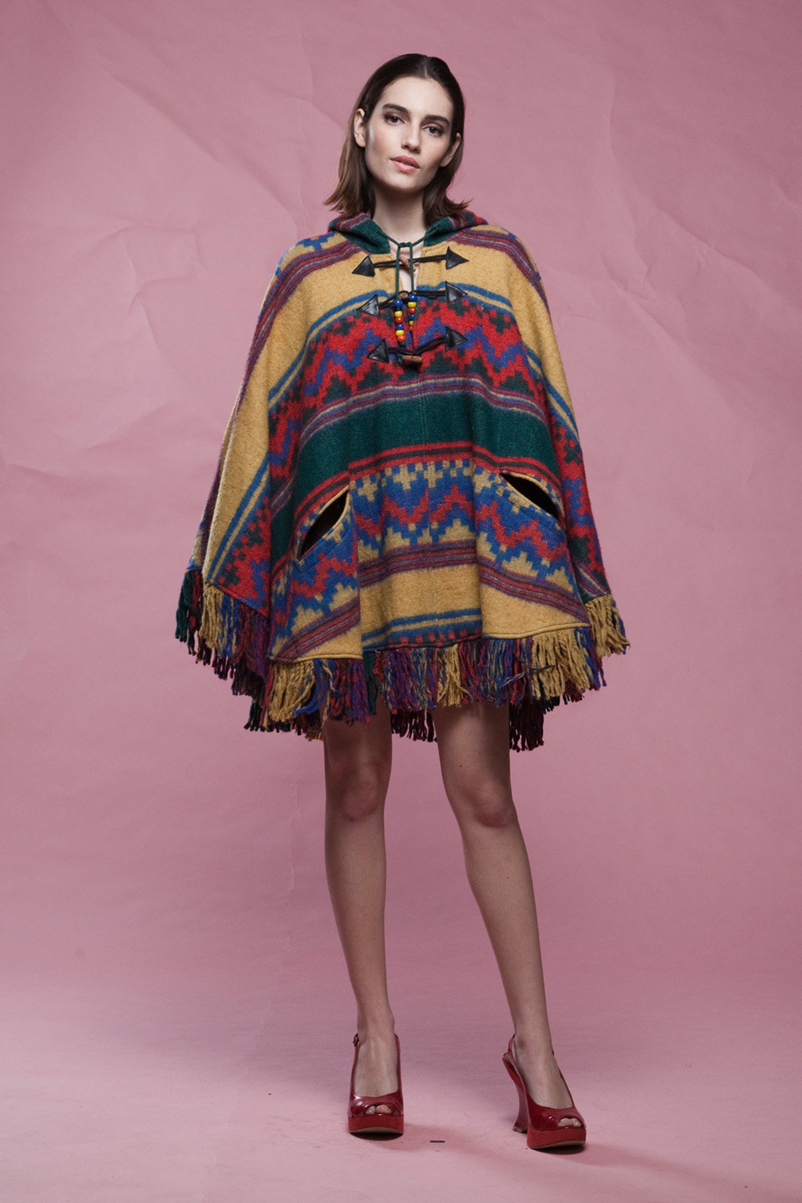 Heavy Wool Poncho Hooded Poncho Hood Poncho Colorful Ethnic Etsy