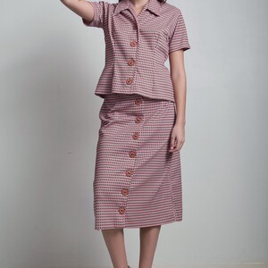 3-piece midi button down skirt suit cardigan jacket top set pink brown textured knit MEDIUM M image 3
