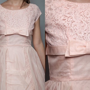 vintage 1950s new look cupcake organza party dress pink bow lace cap sleeves prom full skirt MEDIUM M image 5