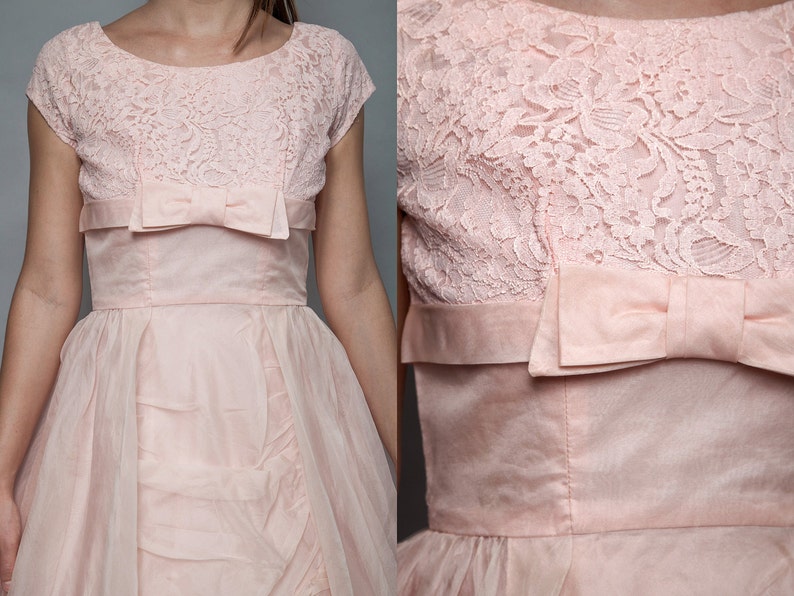 vintage 1950s new look cupcake organza party dress pink bow lace cap sleeves prom full skirt MEDIUM M image 5