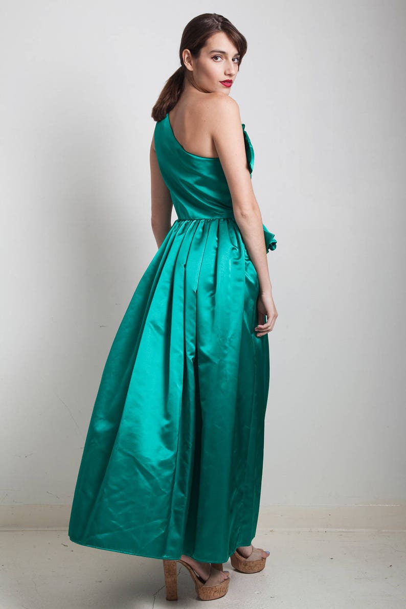 vintage 80s evening gown formal evening dress asymmetrical origami pleated sequins green floor length one shoulder SMALL S