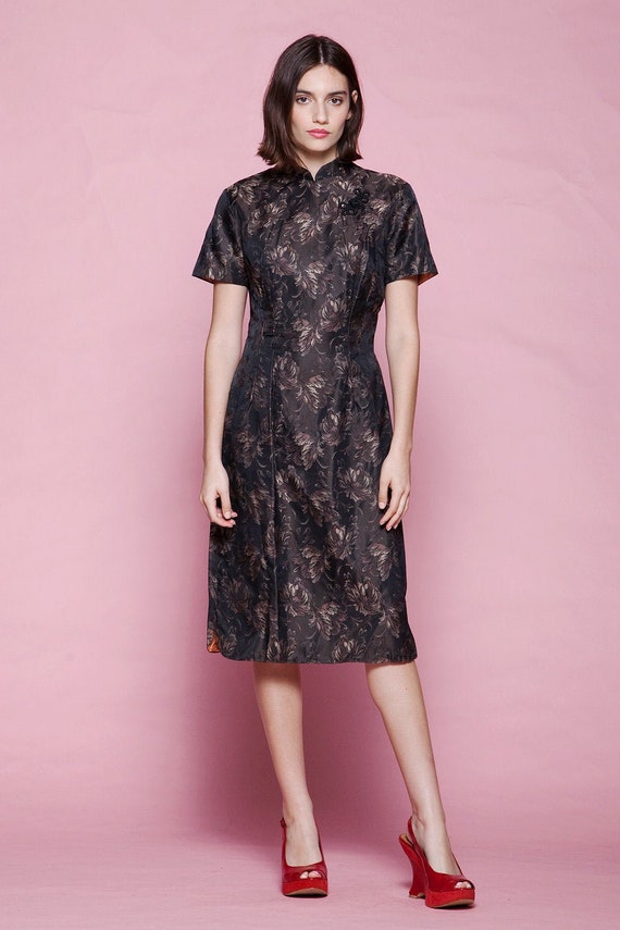 Cheongsam dress brown bronze brocade metallic shor