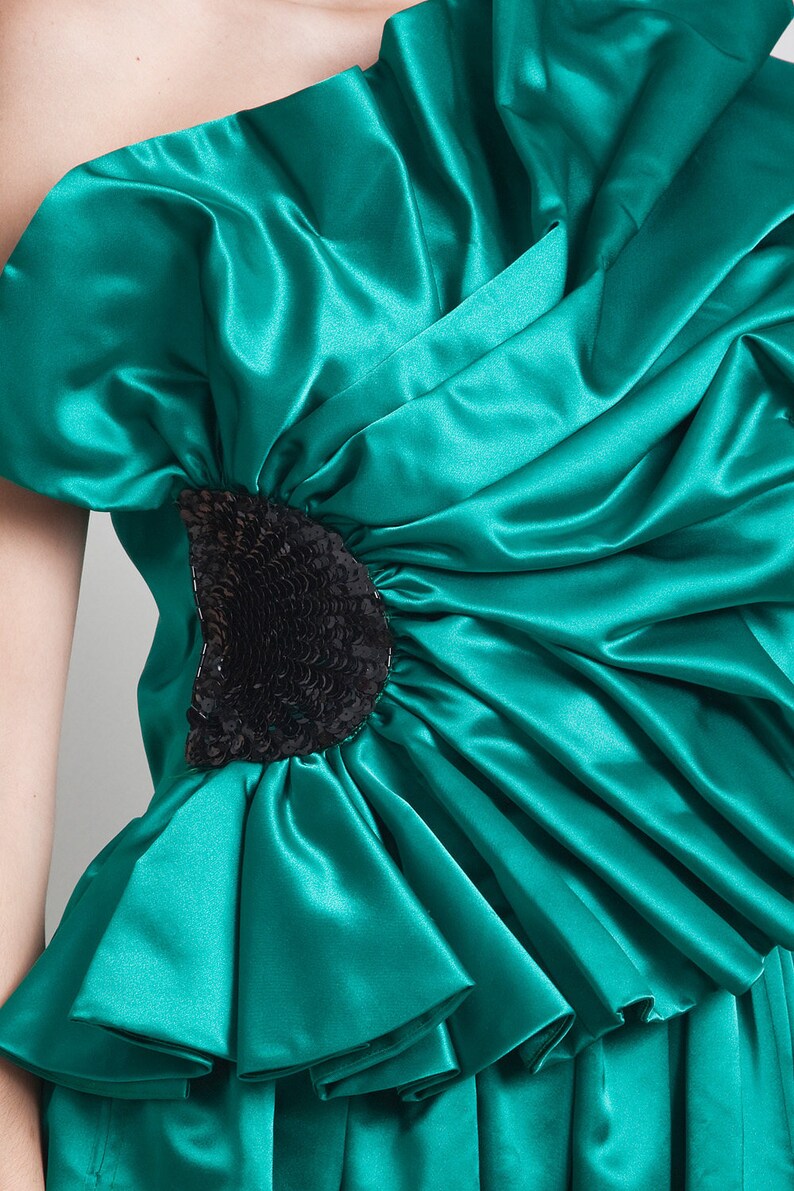 vintage 80s evening gown formal evening dress asymmetrical origami pleated sequins green floor length one shoulder SMALL S