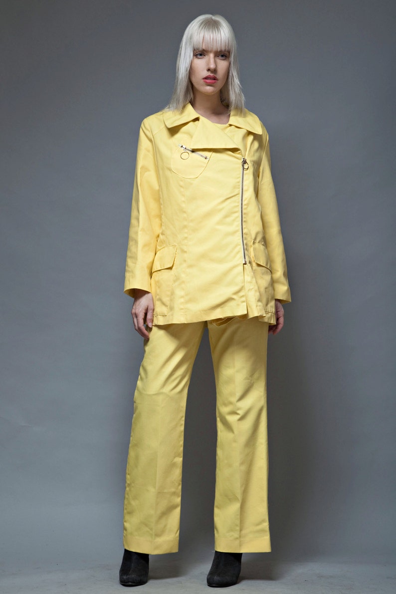 yellow pant suit jacket 2 piece set zipper top vintage 1970s M MEDIUM pants futuristic uniform image 2