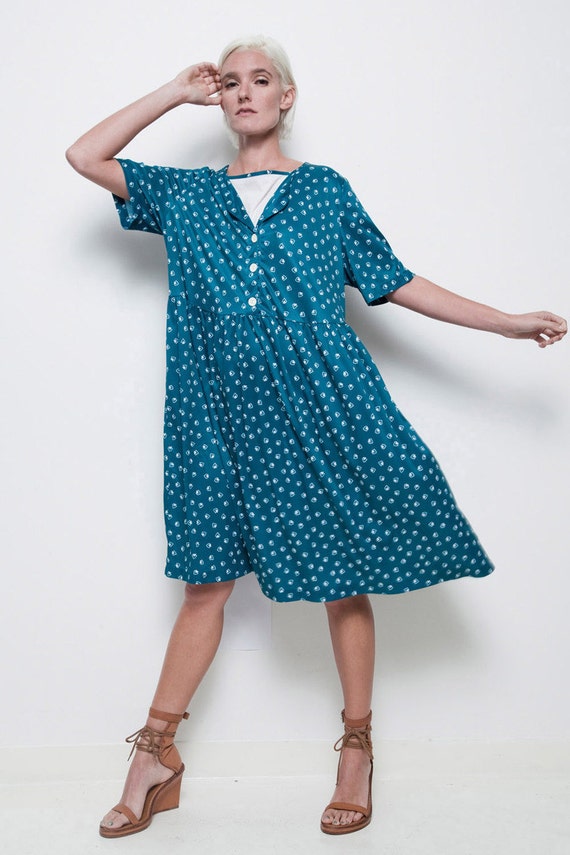 plus size day dress vintage 70s green white geome… - image 1