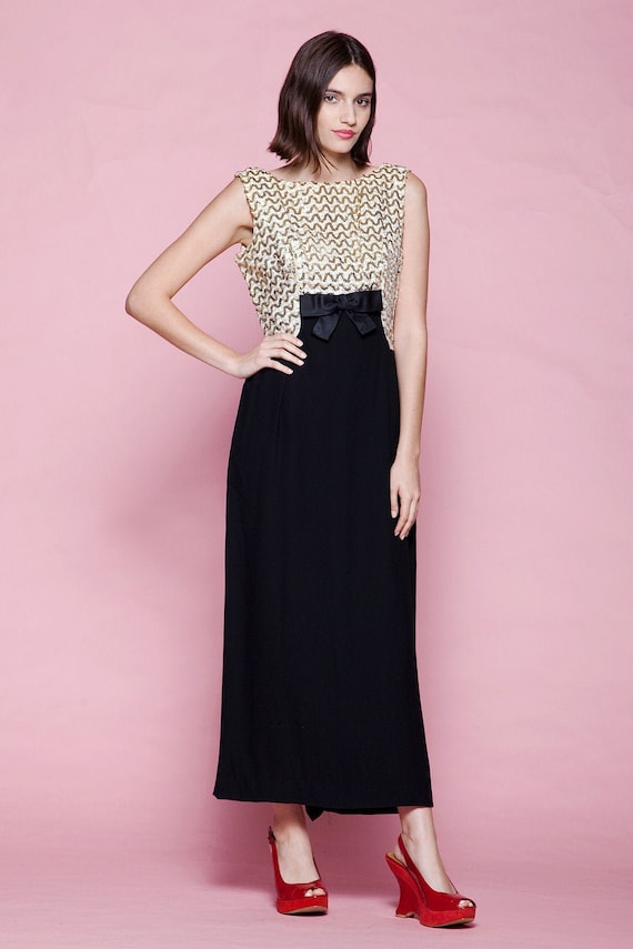 sequined evening dress formal gown black gold sle… - image 1