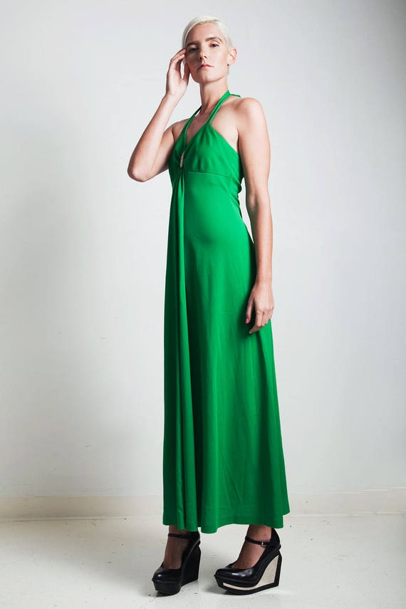 vintage 70s green hostess halter maxi dress empir… - image 3