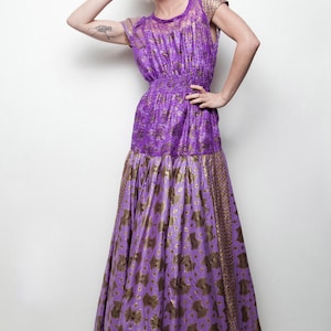 African wax fabric evening gown maxi dress purple gold lace open back L LARGE SU-1 image 5
