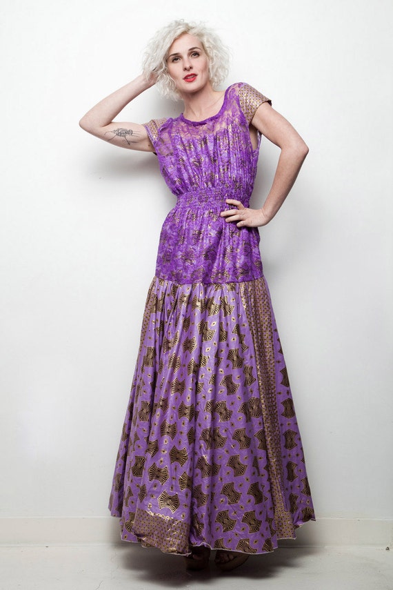 African wax fabric evening gown maxi dress purple gold lace open back L LARGE (SU-1) African wax fabric evening gown maxi dress purple gold lace open back L LARGE (SU-1)