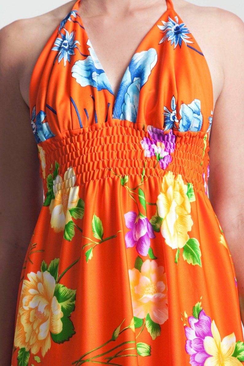 Vintage 70s Hawaiian Halter Maxi Dress Orange Floral Open Back Smock ...