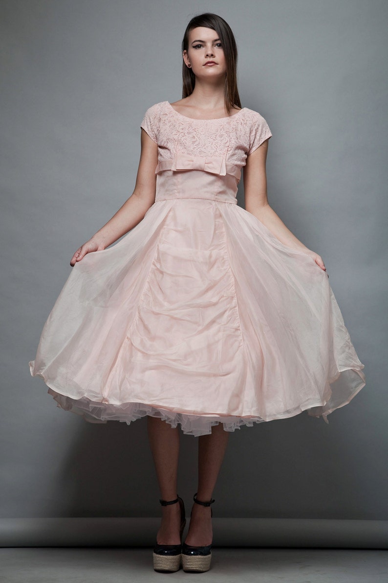 vintage 1950s new look cupcake organza party dress pink bow lace cap sleeves prom full skirt MEDIUM M image 2