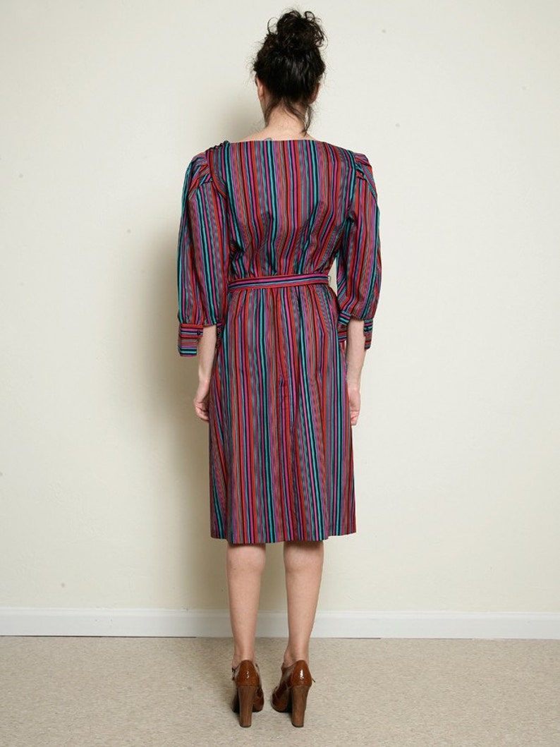 Secretary Dress 1970s 70s Vintage Striped diagonal stripe stripes Sash Belt 3/4 sleeves below the knee midi M MEDIUM image 3