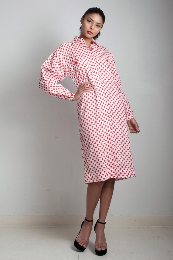 vintage 70s polka dot shirt dress belted cotton r… - image 2