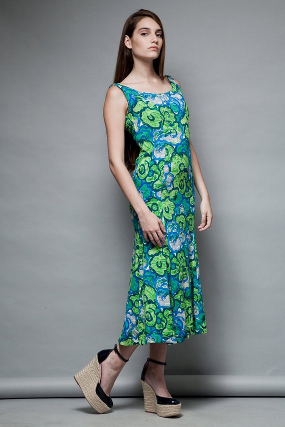maxi dress vintage 50s green fishtail floral prin… - image 3